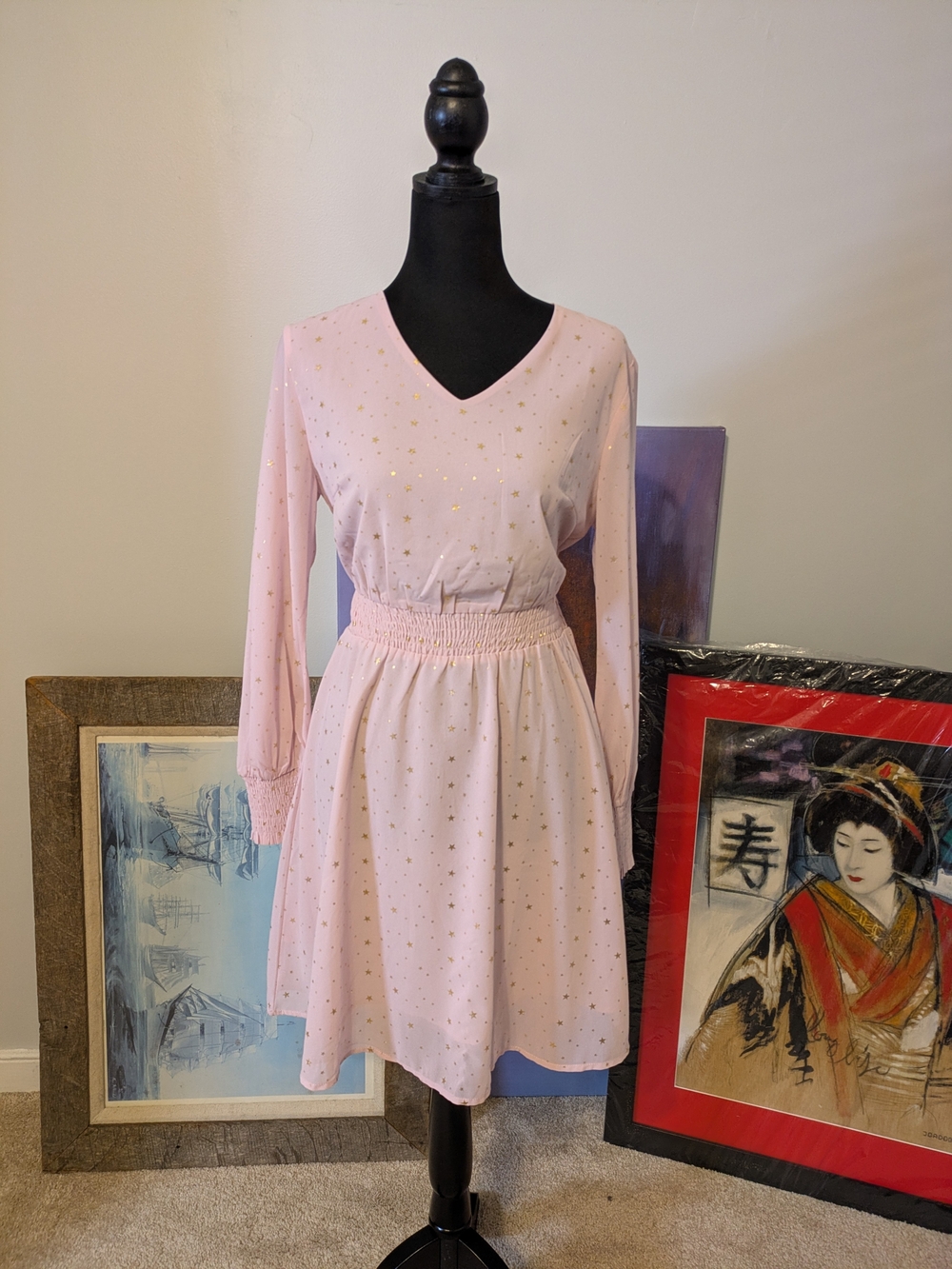 Allegra K Long-Sleeve V-Neck Dress with Gold Stars Size S Flounce Skirt Midi